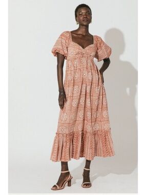 NWT Cleobella Joely Midi Maxi Dress in Terracotta Print Ogranic Cotton w Pockets